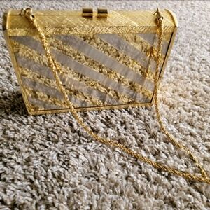 Vintage Chic Women's Gold Chain Striped Evening Mirror Hard Body Clutch Purse